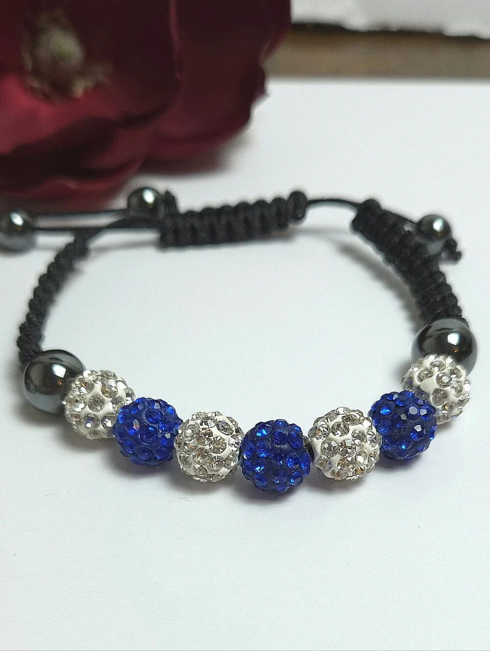 2 Handmade Shamballa Crystal Beaded Macrame Bracelets Light & Dark Blue